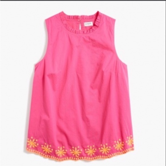 J.Crew Tops - J.Crew Pink Sleeveless Ruffle Neck Top Floral Eyelet Scallop Hem Small